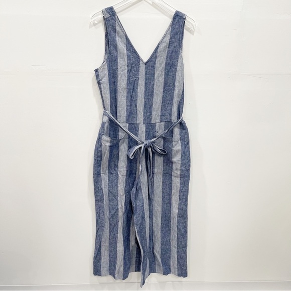 BeachLunchLounge Blue Stripe Wide Leg Jumpsuit Belted Cotton Linen Medium - Picture 1 of 7